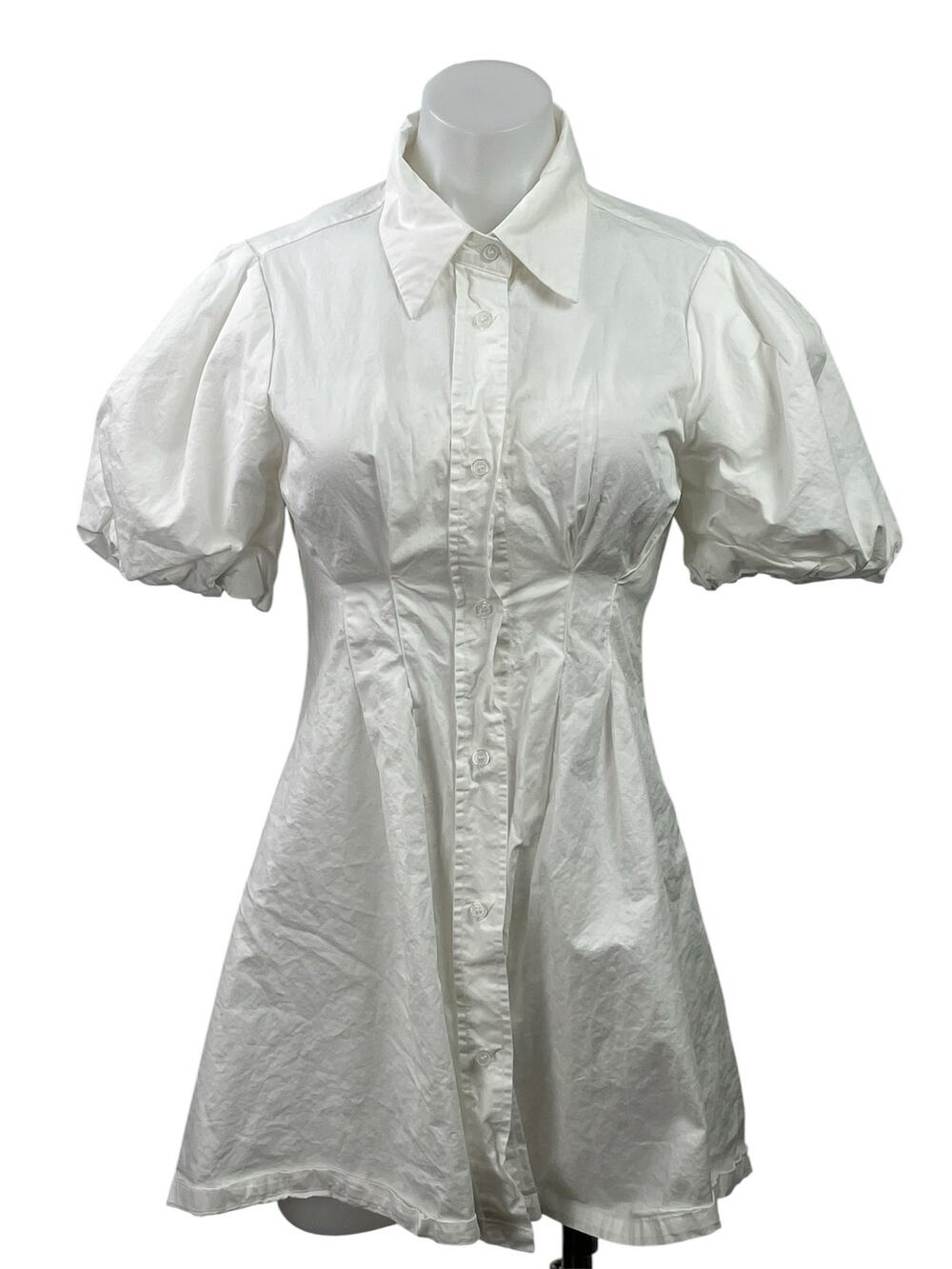 J.Ing White Short Puff Sleeve Collared Button Down A Line Mini Shirt Dress XS